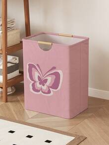 1pc Butterfly Pattern Printed Open-Top Storage Box, Foldable Storage Laundry Basket Bag With Wooden Handle, Home Bathroom Collapsible Dirty Clothes Hamper - Multicolor - View 1