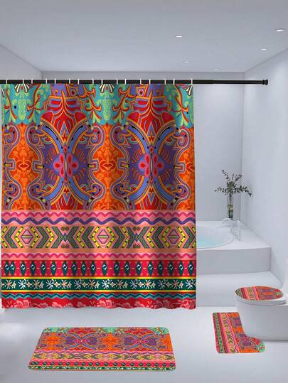 1 Set/4 Pcs Bohemian Style Colorful Shower Curtain Set, Bohemian Floral Pattern Modern Art Waterproof Shower Curtain, Non-Slip Bathroom Mat, U-Shaped Toilet Mat, Toilet Seat Cover, Shower Decor Accessories