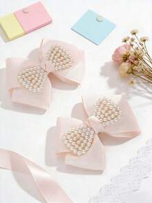2 chiếc kẹp tóc nơ kiểu Hàn Quốc tối giản màu be đính ngọc trai - Màu be - Xem 6