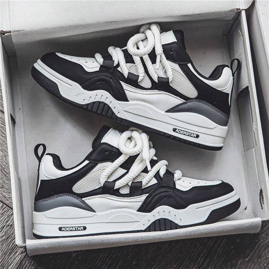Men's Fashion Lace-Up Sneakers Plus Size, Non-Slip, Durable, Skateboarding Shoes-Skateboarding-Comfortable, Suitable For Outdoor Activities, Fashionable Street Style Platform Design. - Đen và trắng - Xem 1