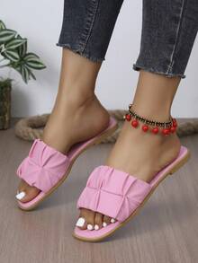 1 Pair Women's Summer Fashionable PU Pleated/Ruffle Edge Beach Sandals, Non-Slip Outdoor Slippers With Soft Soles And Open Toe, Casual Wear - Pink - View 5