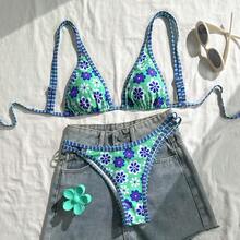 2026 3-Piece Swimsuit Set, Geometric & Tropical Floral Print, Casual Cute Elegant Sexy Bohemian Tie-Front Bikini, Beach Vacation Dress, Summer Women's Outfit - Blue - View 1