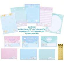 Sanrio 一套包含3个三丽鸥卡通人物（肉桂狗、酷洛米、凯蒂猫、美乐蒂）的文具套装，内含5张5英寸x5英寸信纸、3个5英寸x5英寸信封和1张贴纸，高品质创意学生礼物。 - 均碼 - 查看 3