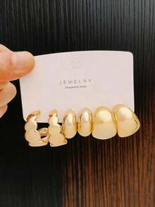 3/9 Pairs Fashionable Gold Smooth Five-Petal Flower & White Asymmetrical Twist C-Shape Stud Earrings Set, Luxury Lightweight Everyday Wear, Great Gift For Valentine's Day, Friends And Family - Gold - View 3