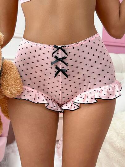 Women Mini Pajama Bottoms Elegant Dot Print Bow Slim Fit Ruffled Shorts For Party Romantic Nights Wear