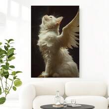 Framed Flat, Flat, Framed Canvas Artwork - White Cat With Angel Wings, High-Quality Uv-Resistant Print, Dreamy Animal Art For Home, Bedroom, Office Decoration - Distinctive Gift Suggestion, Cat Themed Decor - Framed - 查看 2