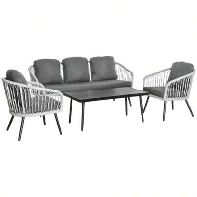 Poly Rattan Garden Furniture Set For 5 People, Including A Lounge Area With Cushions, A Grey Aluminium Frame, Ideal For Terrace And Balcony.