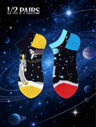 1/2 par de calcetines tipo tobillera con diseño espacial unisex (estampado de astronauta/planeta/estrella) - Calcetines soñadores y únicos aptos para uso casual diario, gran regalo para entusiastas del espacio, calcetines de moda casual para todas las estaciones