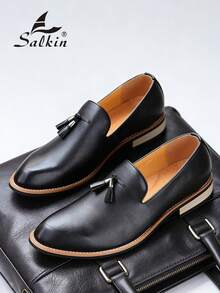 Salkin 经典复古设计师男士一脚蹬乐福鞋，优雅绅士流苏皮鞋，透气纯色，防滑耐用鞋底，适合休闲、商务、正式场合、毕业典礼、婚礼、春夏秋季，加大码 - 黑色 - 查看 11