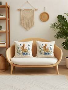 2Pcs Faux Linen Beige Pillow Covers Watercolor Rabbit Blue Roses Print Pillowcases Breathable Botanical Decor Pillow Cases(No Filling) - Beige - View 1