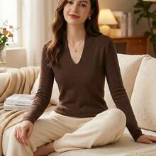 Women'S V-Neck Skinny Top | Lightweight, Stretchy, Fit, Solid Color For Fall/Winter - 布朗 4 - 查看 1