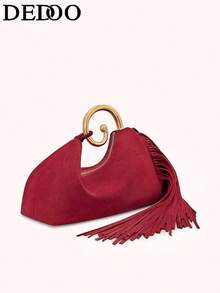 Dedoo 2025秋冬新款复古高品质晚宴包，时尚优雅流苏手提包 - 紅色 - 查看 4