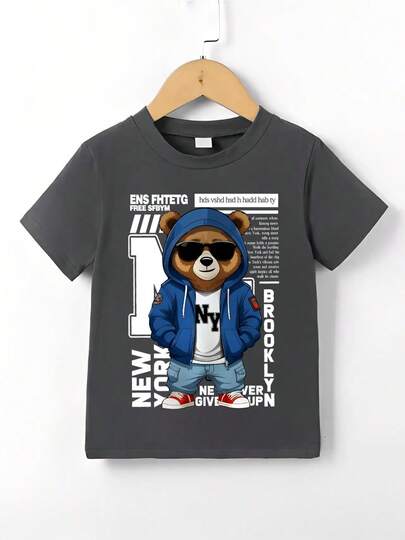 Cartoon Bear Slogan Graphic Print Short Sleeve Casual T-Shirt For Young Boy