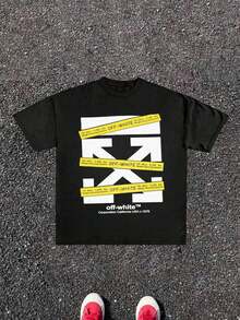 Y2K Style Print Tee Shirt   Men's Short Sleeve Casual Shirt, Urban Style Printed T-Shirt, Black And Yellow Arrow Design, Summer Look - 黑色 - 查看 1