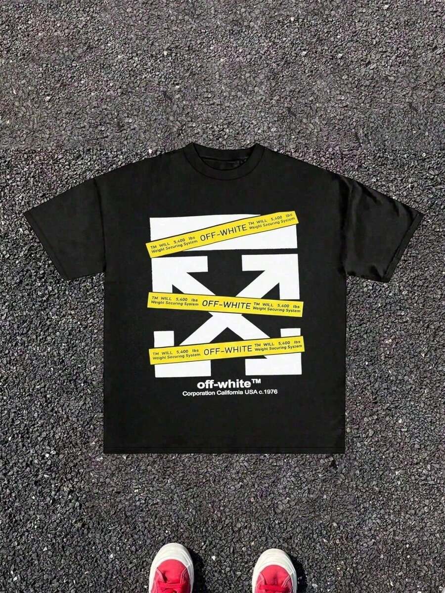 Y2K Style Print Tee Shirt Men's Short Sleeve Casual Shirt, Urban Style Printed T-Shirt, Black And Yellow Arrow Design, Summer Look - 黑色 - 查看 1