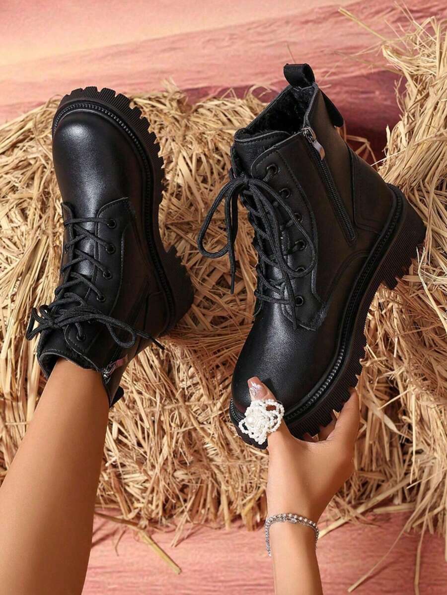 Fleece-Lined And Thickened Women's Shoes, 2025 Autumn And Winter New Style British Style Thick-Soled Student Short Boots, Snow Boots, Women's Boots - 黑色 - 查看 1