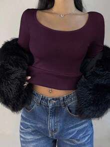 Women's Casual Solid Color Black Knit Scoop Neck Long Sleeve Slim Fit T-Shirt,Thermal Lined Without Bulkiness, Upgraded Thermal Fabric,  Slim Fitted Stretch Undershirt Tee Blouse For Fall And Winter - Purple - View 6