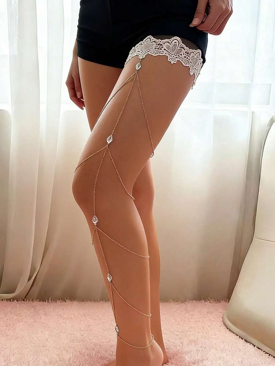 1件欧美性感沙滩度假几何菱形水晶合金链蕾丝弹力腿链，适合女性日常派对装扮搭配 - 白色 - 查看 1