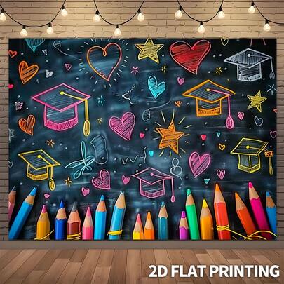 Diseño plano 2D, 1 gorra de graduación, fondo con tema de garabatos de corazón y estrella - Pancarta de poliéster para fiesta de graduación, cumpleaños, decoración de aula, estudios de fotografía y reuniones en línea, decoraciones para fiesta de graduación