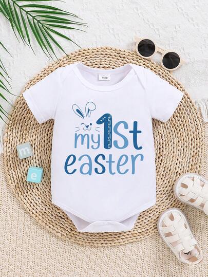 Pelele de bebé con estampado de conejo de dibujos animados, de manga corta y diseño lindo - Adecuado para bebés niños y niñas