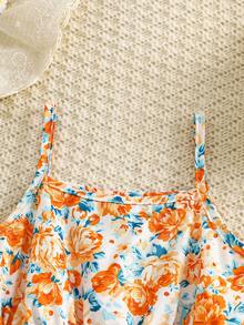 女孩夏季油画风格碎花吊带连衣裙，清新橙蓝花朵连衣裙 - 彩色 - 查看 3