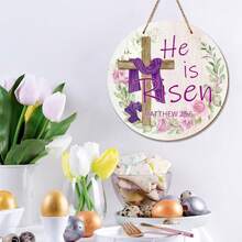 1 pieza Decoración de puerta "Él ha resucitado" Letrero de puerta delantera religiosa de Pascua con cruz Colgante de puerta de Pascua para decoración de hogar, pared, corona, granja, interior y exterior, decoraciones de primavera - Multicolor - Ver 4