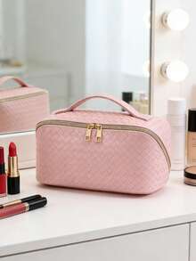 1 Stück gewebter karierter Kosmetikbeutel, Make-up Tasche, erhältlich in Pink, Schwarz, Weiß, Reise-Organizer mit großer Kapazität, hochwertige neue Gestaltung, Neujahrgeschenk, Handtasche, ideales Geschenk für Ehefrau, kann Kosmetika, Make-up Pinsel, Schmuck, Halsketten aufnehmen, tolles Geschenk für Freunde, Make-up Raum Dekoration - Pink - Übersicht 13