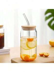 Bộ cốc thủy tinh 500ml, cốc thủy tinh 16oz/500ml có nắp và ống hút, cốc đựng đồ uống kiểu hũ Mason, cốc cà phê đá, cốc thủy tinh có nắp tre, cốc dễ thương, cốc bia, ống hút tái sử dụng và dụng cụ vệ sinh ống hút, thích hợp cho nhà hàng/khách sạn/sử dụng thương mại. - trong suốt - Xem 9