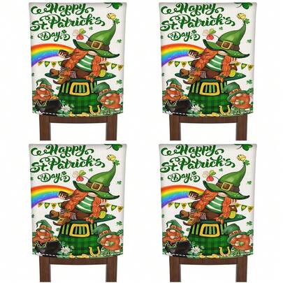 2/4/6PCS St. Patrick's Day Gnome Elf Hat Chair Cover, Rainbow And Shamrock Buffalo Plaid Dining Chair Slipcover, St. Patrick's Day Party Chair Protector For Kitchen And Living Room