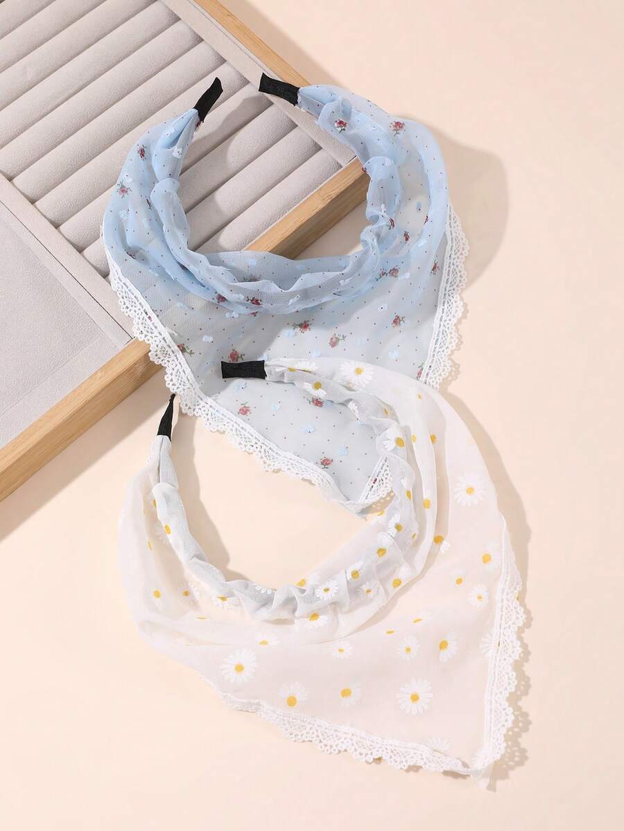 2pcs Women's Hair Accessories, Bohemian Style Minimalist Elegant Rose & Daisy Print, Lace Trim Triangle Scarf, Printed Headband, Suitable For Daily, Spring, Vacation Outfit Hairband - 彩色 - 查看 1