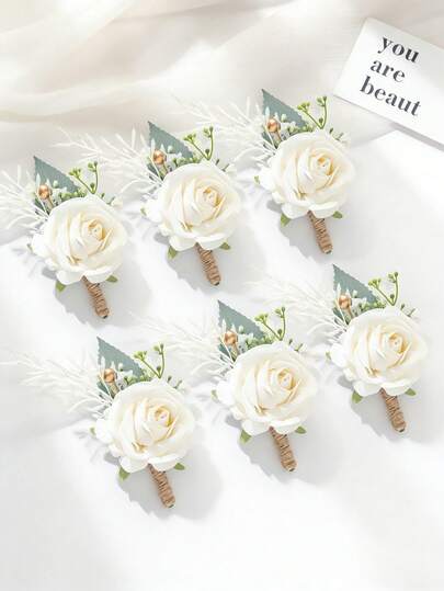1pc/6pcs White Rose & Baby's Breath Floral Brooch, Romantic Decor For Bride, Groom, Bridesmaids, Groomsmen, Weddings, Engagements, Corporate Events, Parties, Graduations, Conferences