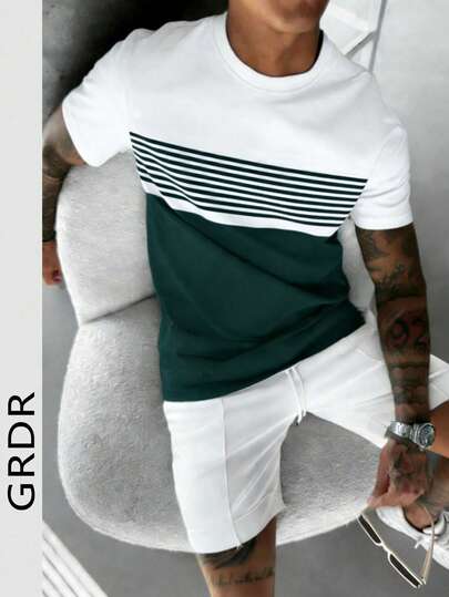  Camiseta de manga corta de cuello redondo con bloques de color casual GRDR para hombres, cómoda y de moda