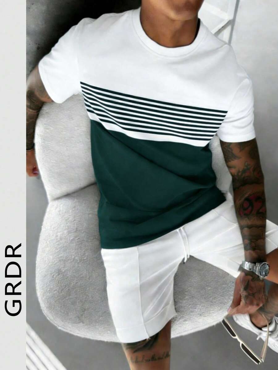 Áo thun nam tay ngắn cổ tròn phối màu GRDR, thoải mái và thời trang. - Màu xanh lá cây đậm - Xem 1