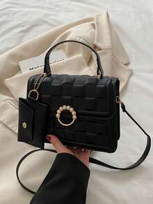 泡泡纹理时尚手提包、链条单肩包、简约方形斜挎包 - 黑色 - 查看 5