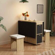 Dining Table Set (With Dining Table, 4 Chairs), Folding Dining Table, 120*80*75cm, Extendable Dining Table, Multifunctional Extendable Dining Table, Dining Chairs, White + Oak + Black - Black - View 3