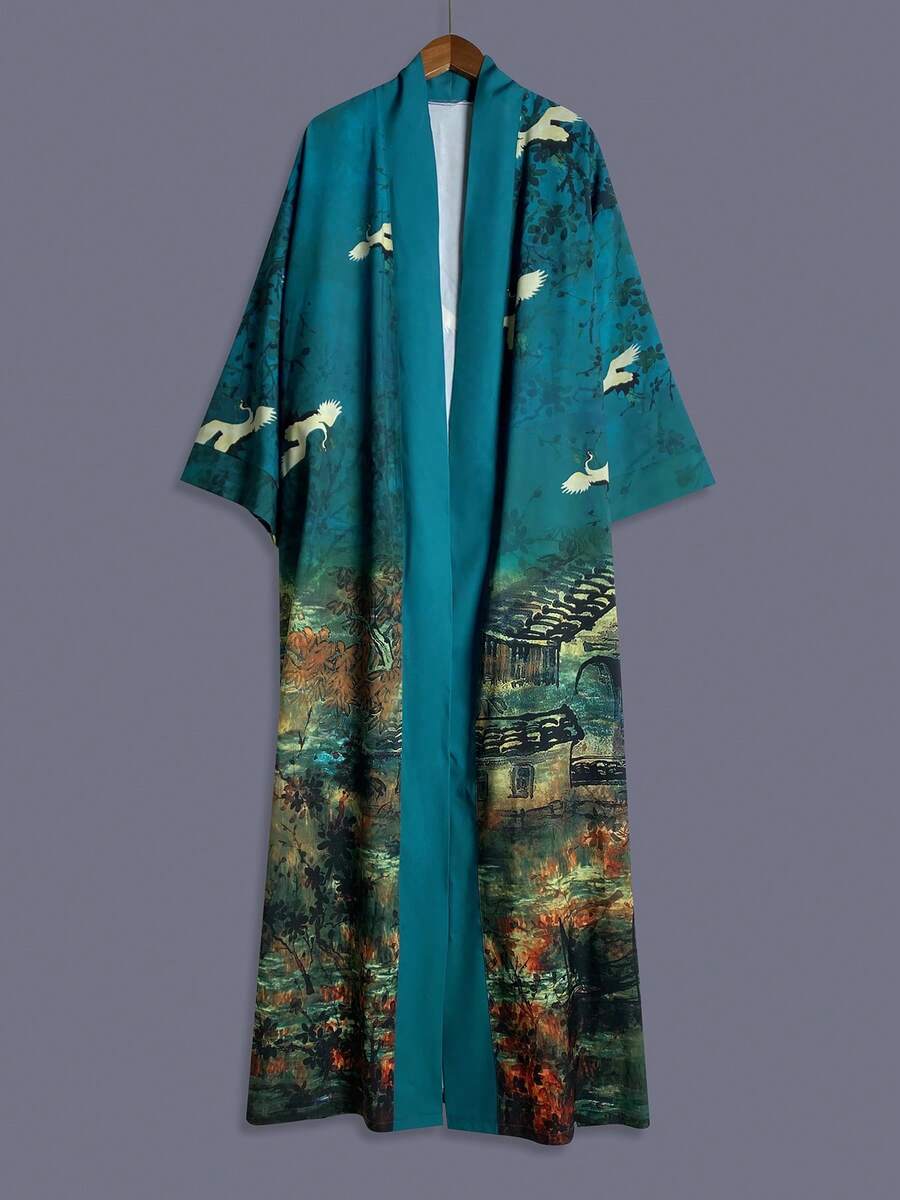 Crane & Floral Print Mid-Length Kimono Cover Up Thin Outerwear For Women, Elegant Casual Beachwear Robe, Vacation Lightweight Loose Jacket With Sash Spring - Green - View 1