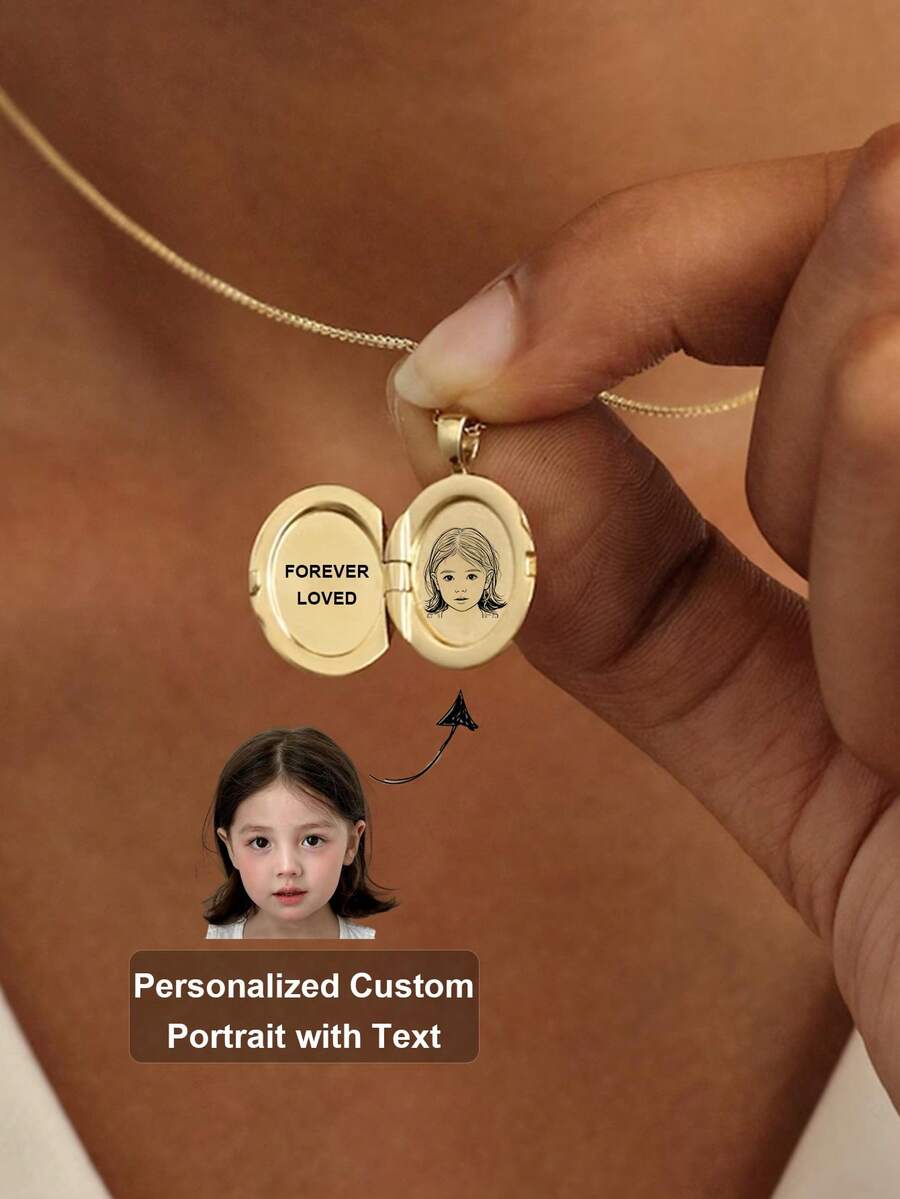 1pc Customized Photo Locket Necklace, Stainless Steel Engraved Oval Pendant Necklace, Gold Photo Necklace, Memorial Jewelry, Anniversary Gift, Mother's Gift, Mother's Day Gift - Multicolor - View 1