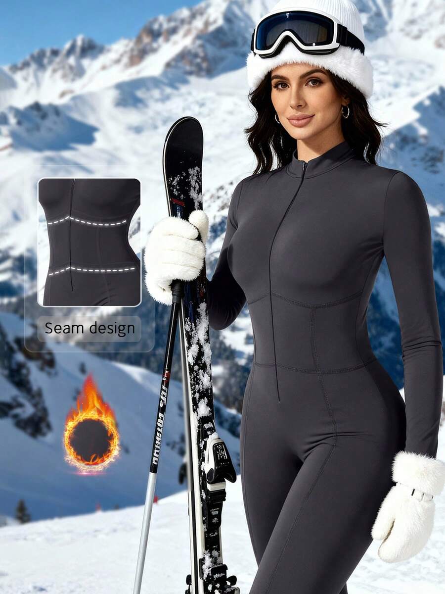 NcmRyu 1件装 女士保暖内衬修身拉链立领滑雪服 滑雪套装 冬季运动 - 深灰色 - 查看 1
