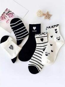 5 Pairs Women's Heart Lace Edge Striped Breathable Moisture-Wicking Mid-Calf Socks, , Spring/Summer - Multicolor - View 3