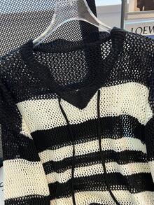 女士条纹镂空针织套头毛衣，系带设计，休闲宽松长袖轻薄防晒上衣，时尚百搭，夏季必备 - 黑色 - 查看 5