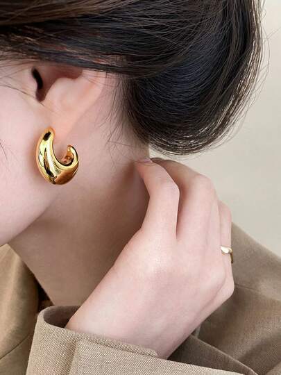 2pcs Minimalist European & American Style CCB Curved Water Drop Hoop Earrings, C-Shaped Stud Earrings, Suitable For Women's Daily Wear