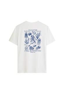 女士宽松垂坠上衣,采用特殊100%水洗棉面料,印有深海生物图案和“深海,我将与你同在”字样,舒适透气,休闲放松,美式复古治愈风短袖T恤,适合海滩度假、日常舒适穿着以及周末休闲穿着,白色夏季款 - 白色 - 查看 3