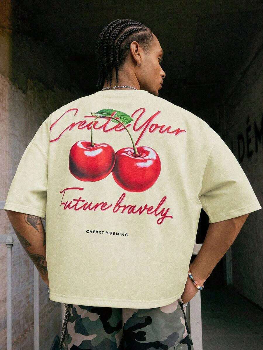 Manfinity Streetrush Manfinity Streetrush Men's Colorful Summer Fruit Print Relaxed Fit T-Shirt, Comfortable Oversized T Shirt, Graphic Cropped Graphic Tee, Men  Graphic Tees ,Street Wear, Graphic Tees Crop Cropped T Shirt Graphic,Hip-Hop Street,Boy Friend Gifts,Graphic Tees Men - 杏色 - 查看 1