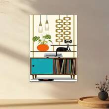 Framed 2D Flat, 1pc Mid-Century Modern Retro 60s/70s Vinyl Record Player & Black Cat Wall Art - Turquoise Blue & Mustard Yellow Gallery-Wrapped Canvas Print, Ready-To-Hang /Outdoor Farmhouse Decor For Living Room, Bedroom, Music Studio, 2D Flat - Framed - 查看 3