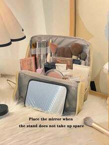 Large-Capacity Upright Makeup Bag - Multi-Room Travel Makeup Organizer, Durable Fabric And Mesh Pockets, Portable Desktop Skincare And Makeup Tool Organizer (Beige/Black), Disposable Makeup Bag/Sturdy Zipper Switch Bag, Makeup Bag, Vanilla, Makeup Bag, Organizer Bag, Makeup Bag, Toiletry Bag, Desktop Organizer Bag, Shuxin Makeup Bag, Large Opening Upright Large-Capacity Makeup Organizer, Office Desktop Organizer Bag/Pencil Case - Multicolor - View 11