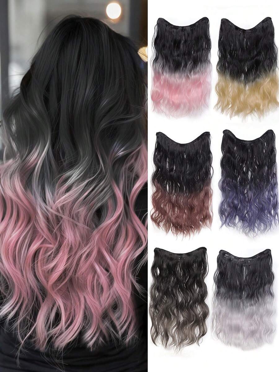 Synthetic Fiber Hair Extensions, Parisian-Style Dyed One-Piece Gradient Wavy Long Curly Hair, 4-Clip Invisible And Seamless Hair Volume Wigs, Suitable For Everyday Wear And Parties. - Multicolor - View 1
