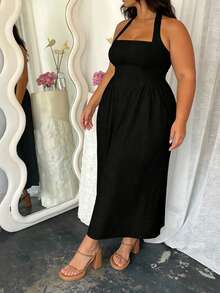 Đầm nữ cỡ lớn thanh lịch màu trơn, dây mảnh, hở lưng, thích hợp cho hẹn hò, tiệc tùng, mùa hè, tiệc Ngày của Mẹ. Màu đen. - màu đen - Xem 2