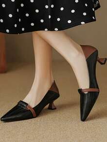 手工皮革尖头撞色套脚高跟鞋，复古小猫跟鞋 - 黑色 - 查看 1