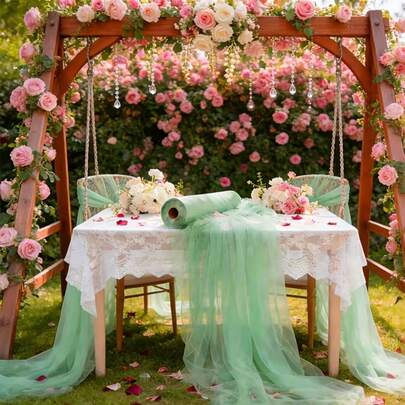 50m Long Light Green Multi-Color Sheer Chiffon Fabric For Wedding Arch Decor, Suitable For Party Backdrop, Outdoor Arch, Church Ceremony, Stage Backdrop, Valentine's Day Romantic Ceremony, Evening Gown