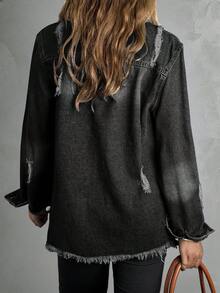 Plus Size Women Casual Distressed Frayed Denim Jacket - Black - View 7